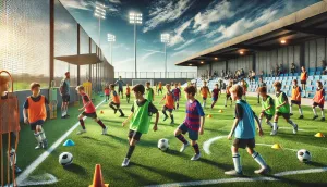 DALL·E 2024 11 27 08.58.24   A Dynamic Scene Of Young Soccer Talents Training On A Lush Green Field Under A Sunny Blue Sky. The Players, Aged Around 10 14, Wear Vibrant Sports Jer